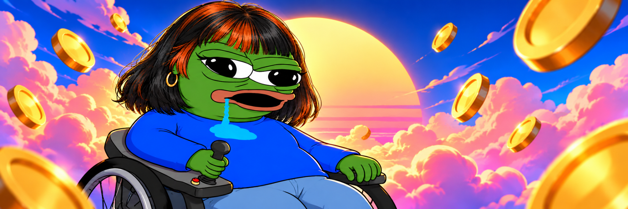 Wide PEPE Claudia banner with coins and sunset clouds