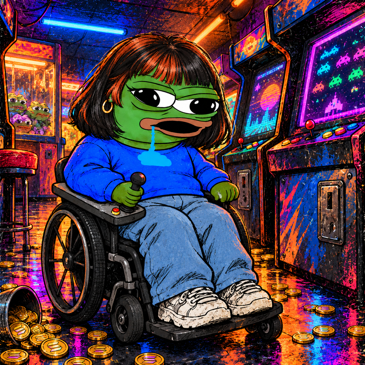 PEPE Claudia inside a night coin arcade