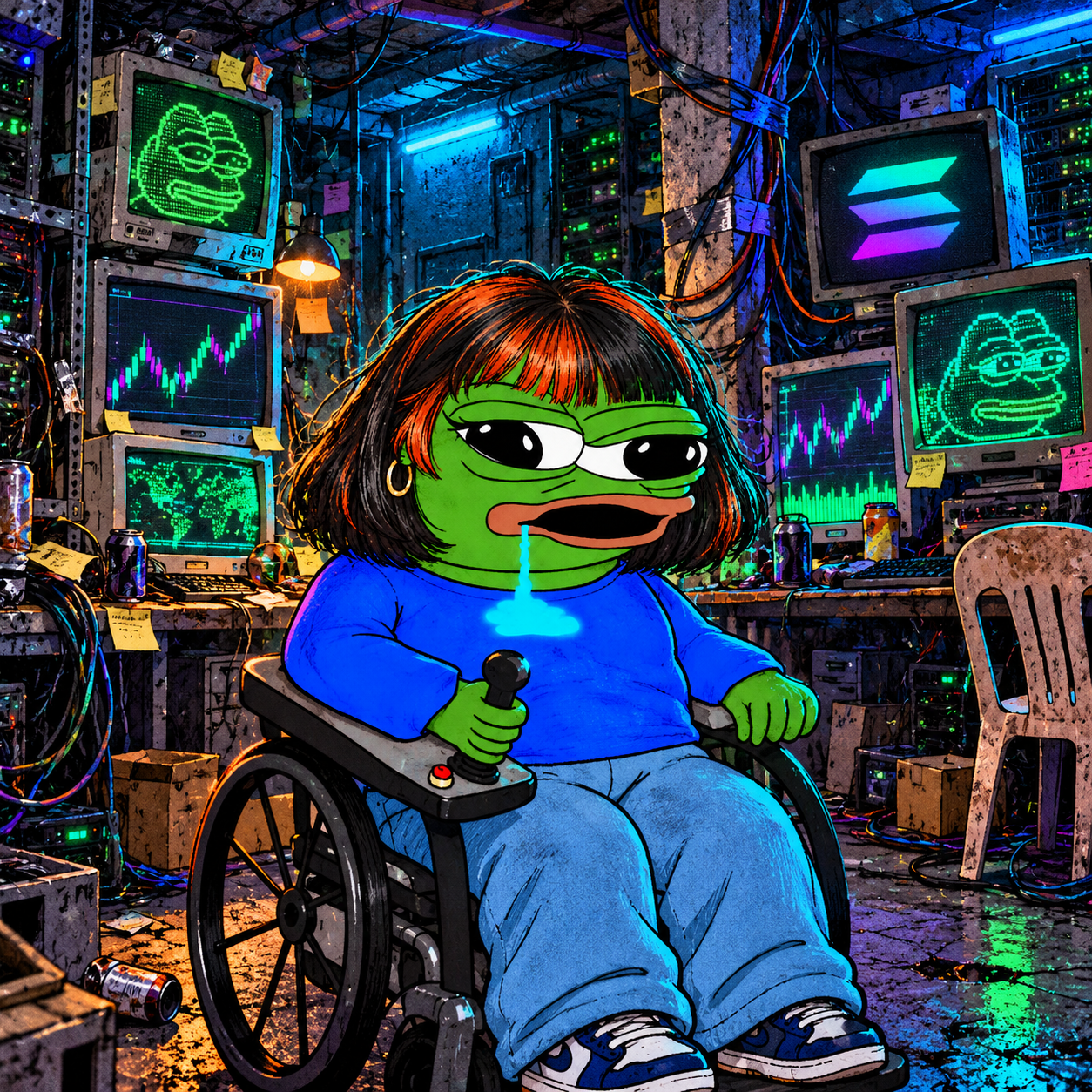 PEPE Claudia in an underground AI signal basement