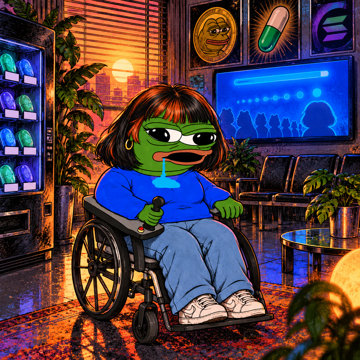 PEPE Claudia in a crypto waiting room